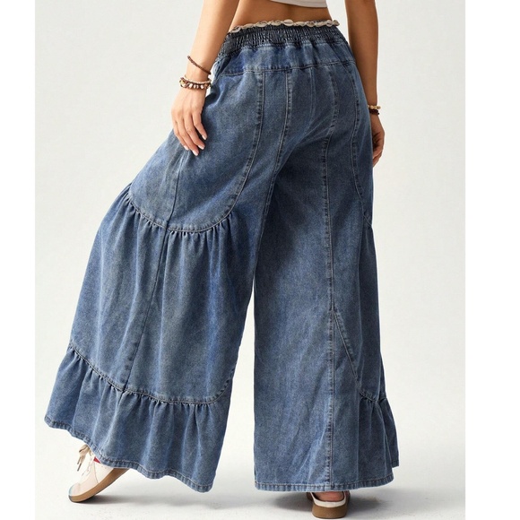 Medium Wash Stretchy Waist Cotton Wide leg Denim Pants - Picture 2 of 8